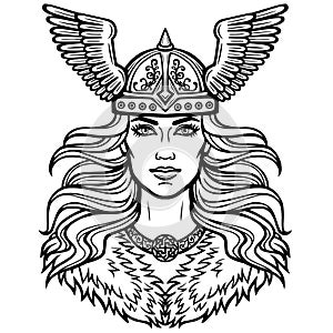 Portrait of the beautiful young woman Valkyrie in a winged helmet.
