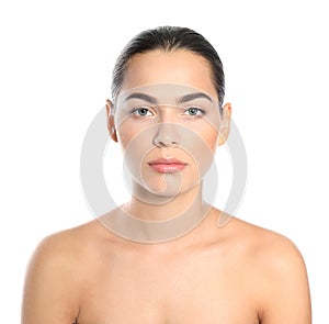 Portrait of beautiful young woman on white background