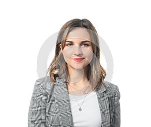 Portrait of beautiful young woman on white background