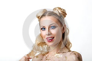 Portrait of a beautiful young woman with white hair, with a bright make-up, beautiful eyes, on a white background