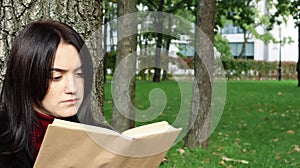 Portrait of a beautiful young woman who is sitting under a tree and reading her favorite book in a city park on green grass on a