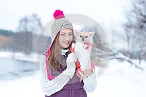 Portrait beauty girl with little dog chihuahua