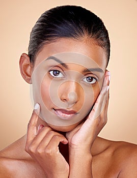 Portrait, beauty or Indian woman with natural facial glow with dermatology skincare cosmetics in studio. Aesthetic face