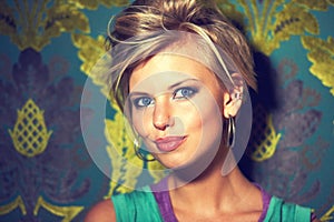 Portrait, beauty and makeup with woman on wall background in club for party, clubbing or nightlife. Face, fashion or