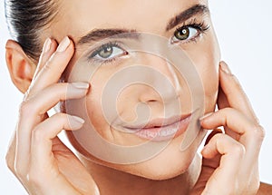 Portrait, beauty and skincare with a woman in studio isolated on a white background closeup for natural treatment. Face