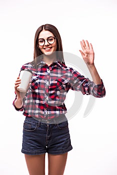 Portrait of beauty student girl with hello gesture drink tea or coffee from paper cup