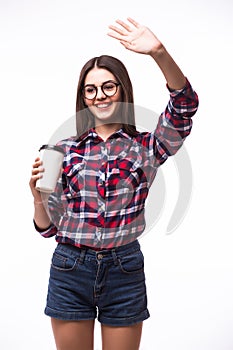 Portrait of beauty student girl with hello gesture drink tea or coffee from paper cup