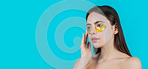 Portrait of beauty woman with eye patches showing an effect of perfect skin. Eyes mask cosmetic patches woman face