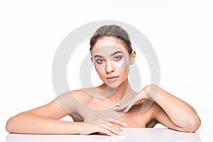 Portrait of beauty woman with natural make-up and hyaluronic acid hydrogel patches on fresh skin. Female face with mask under eyes