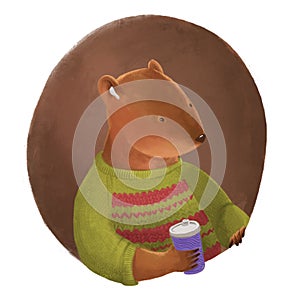 Portrait of beaver in sweater with headphones and cup of drink