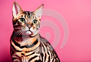 Portrait of a Bengal cat on a pink background. Copy space