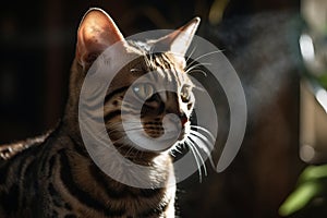 Portrait of bengal cat sitting on the windowsill at home. Selective focus.