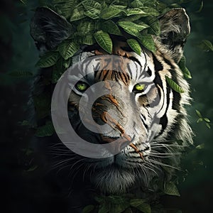 Portrait Of A Bengal Tiger With Leaves Fused With The Green Leaves And Roots. Generative AI