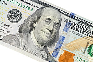 Portrait of Benjamin Franklin from one hundred dollars bill new edition macro