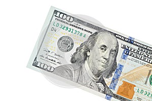 Portrait of Benjamin Franklin from one hundred dollars bill new edition macro