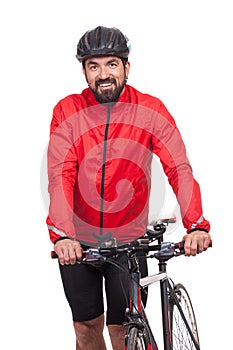 Portrait of bicyclist with helmet and red jacket, posing next to a bicycle, isolated on white
