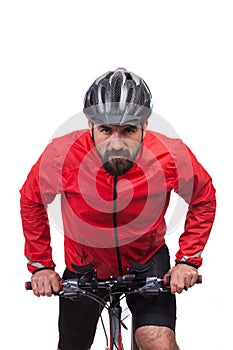 Portrait of bicyclist with helmet and red jacket, riding a bicycle, isolated on white