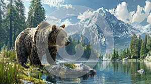 Portrait of big brown bear grizzly in the mountains with cliff and forest mountains