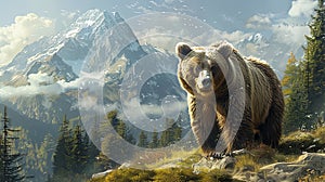 Portrait of big brown bear grizzly in the mountains with cliff and forest mountains