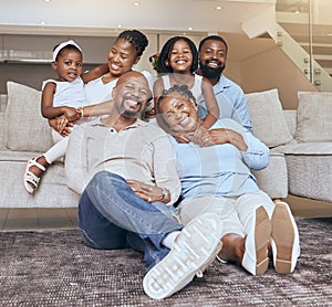 Portrait, big family and african american people bonding with love, care and affection in a family home. Generations