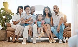 Portrait, big family and smile in home living room on sofa, bonding or having fun. Happiness, parents and grandparents
