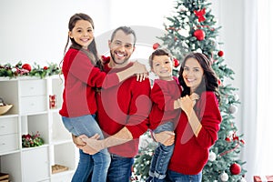 Portrait of big full family cheerful mom dad schoolgirl son with brunette hair enjoy christmas x-mas in house with photo