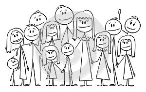 Portrait of Big Happy Family with Eleven Children, Vector Cartoon Stick Figure Illustration
