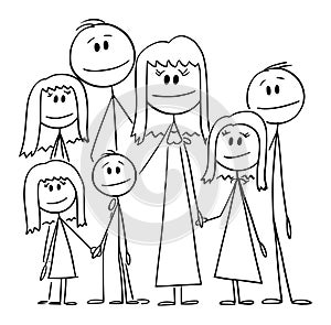 Portrait of Big Happy Family with Five Children, Vector Cartoon Stick Figure Illustration