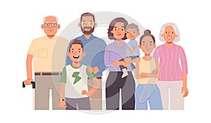 Portrait of a big happy family on a white background. Grandparents, mom and dad and children. Vector illustration