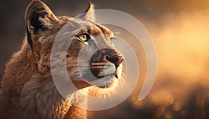 Portrait of a big jungle cat. Puma, lion closeup with bokeh background. Majestic wildlife photograph.