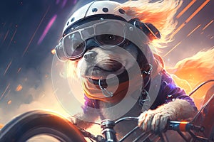 Portrait of biker dog, serious fluffy superhero pet in helmet, goggles, riding motorcycle fast, motion blur.
