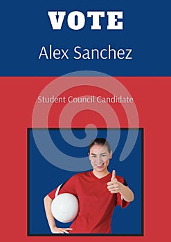 Portrait of biracial woman with ball showing thumbs up, vote alex sanchez, student council candidate