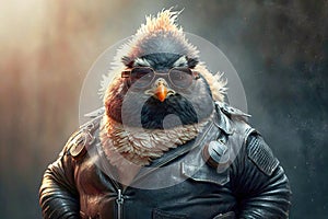 portrait of a bird dressed in a biker jacket