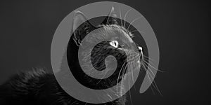 Portrait of a black cat, photo studio set up with key light, isolated with black background and copy space photo