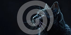 Portrait of a black cat, photo studio set up with key light, isolated with black background and copy space photo