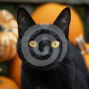 Portrait of a black cat with yellow eyes on background of orange pumpkins