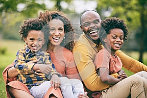 Portrait, black family and parents with children, park and smile with bonding, relax and summer break. Mother, father