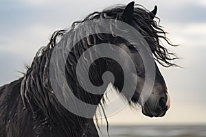 Portrait of black Fresian horse with curly mane