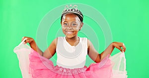 Portrait, black girl and cute in studio with greenscreen, isolated and princess costume for halloween or birthday party