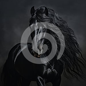 Portrait of black Horse with long mane.