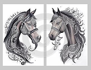 portrait of a black horse, watercolor, outline, tattoo design, white background, Arabic letters calligraphy, hand-drawn sketch