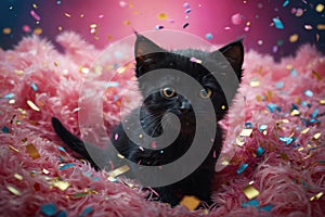 portrait of black kitten on top of a soft pink blanket under a shower of sparkling colorful confetti