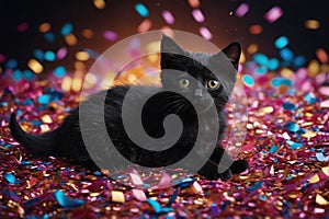 portrait of black kitten on top of a soft pink blanket under a shower of sparkling colorful confetti