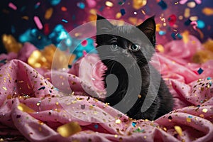 portrait of black kitten on top of a soft pink blanket under a shower of sparkling colorful confetti