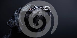 Portrait of a black labrador dog, photo studio set up with key light, isolated with black background and copy space. photo