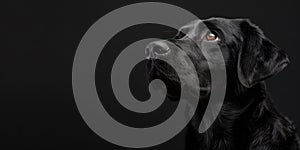 Portrait of a black labrador dog, photo studio set up with key light, isolated with black background and copy space. photo