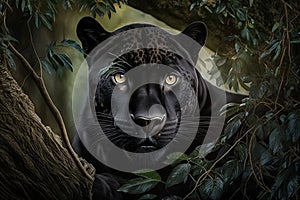 Portrait of a black leopard in the jungle. 3d rendering
