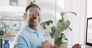 Portrait, black man and computer for data analysis, marketing strategy and read online. Pc, African American male and
