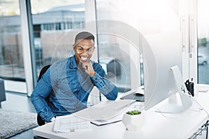 Portrait, black man and computer in office, workplace or desktop for online work. Technology, desk or professional