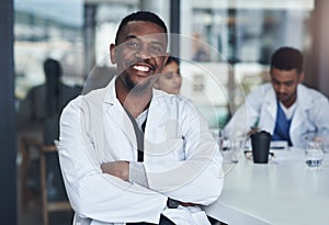 Portrait, black man and doctor in hospital, healthcare and physician for medical health staff. Professional, expert or